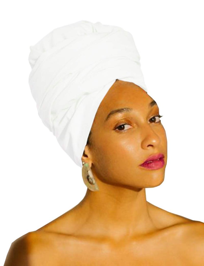 Harewom Turban Head Wrap Scarf,African Long Scarf Turban Shawl Headwrap,Soft Stretchy Headbands White - Image 1